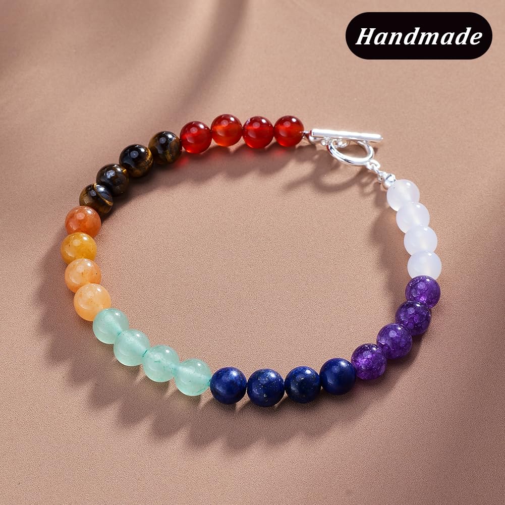 Sheplus Relaxation Gifts for Women - 7 Chakra Gemstone Bracelet for Women Men, Natural Crystal Beads with 925 Sterling Silver Toggle Clasp,Yoga Meditation Energy Jewelry
