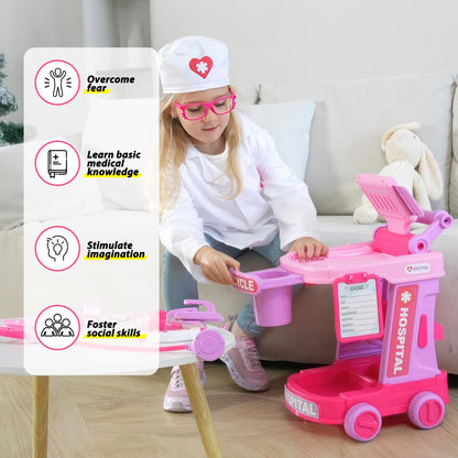 Liberry Doctor Kit for Toddlers Ages 2 3 4 5, Pretend Kids Doctor Playset with Cart, Costume and Stethoscope, Role Play Medical Toys Birthday Gift for Girls Boys (Pink)