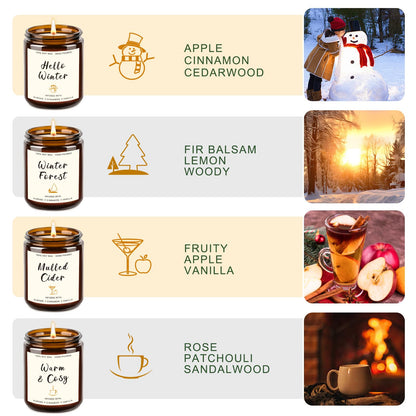 4 Pack Candles for Home Scented, 28oz Soy Candle Set, Scented Candles with Apple Cinnamon, Fir Balsam, Mulled Cider, Sandalwood – Holiday Candle Gifts for Women, Mothers, Galentines Day & Cozy Nights