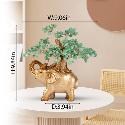 GEMBOURY Green Aventurine Crystal Money Tree on Gold Mini Elephant Statue, 10”Gemstone Bonsai Tree of Life Home Décor Gifts for Wealth Positive Energy, Feng Shui Décor
