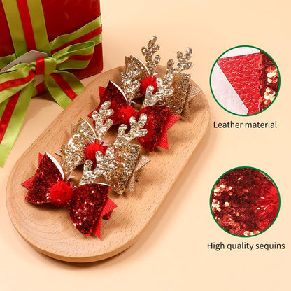 Ulfanit Christmas Hair Clips, Red Gold Sequined Bow Antler Hair Clip Hairpin Xmas Gift, Cute Sparkly Hair Accessories Christmas Costume, New Year, Winter Holiday Celebration, Birthday Party Gift