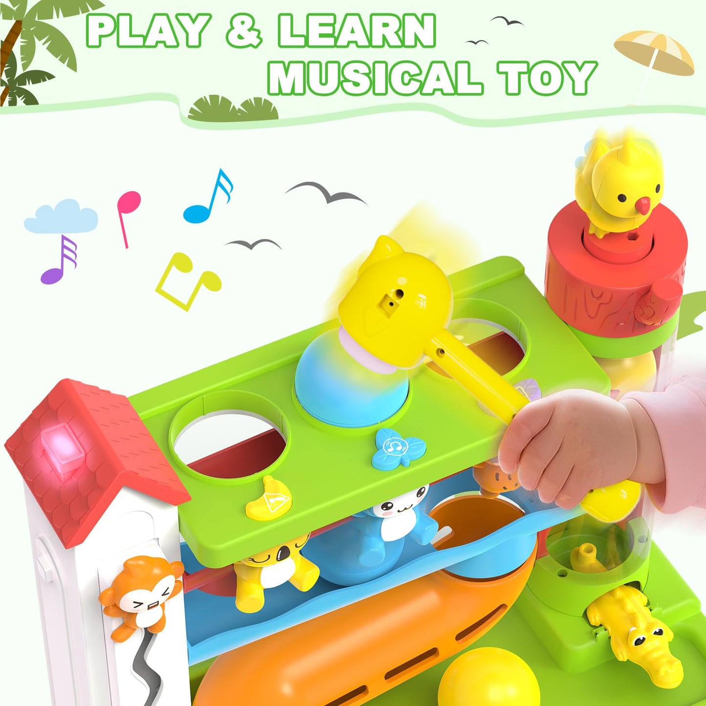 Ussybaby Toddler Musical Toys for 1+ Years Old Boy,Motor Skills Developmental Baby Toy 12-18 Months,Bilingual Toddler Learning Ball Drop Toy， Birthday Gift Toys for 1 2 Year Old Boys & Girls(Green)