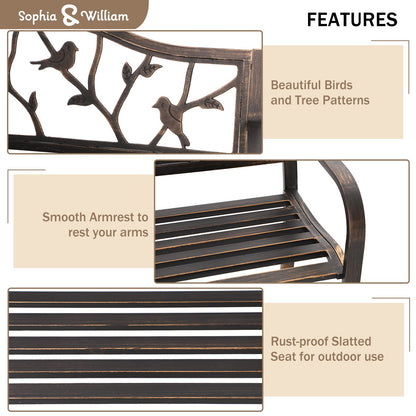 Sophia & William Outdoor Bench, Porch Bench, Garden Bench, Wrought Iron Bench with Backrest and Armrests, Bronze