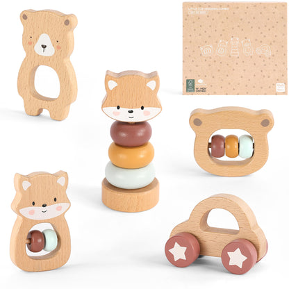 Freniland Wooden Montessori Toys, 5-Piece Wooden Baby Toys, Bear Baby Rattle, Fox Stacking Ring, Car Push and Pull Toys, Bear Grasping Toys,Newborn Baby Gift Sets for Boys and Girls