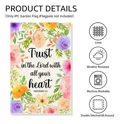 Gkodw Trust In The Lord With All Your Heart Garden Flag, Funny Floral Welcome Spring Summer Yard Flag, Christian Flags for Outside, Bible Verse Religious Garden Flags, Christian Yard Sign Lawn Décor
