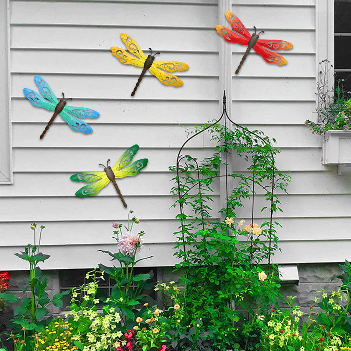 Metal Dragonfly Wall Decor, 4 Pack 14inch Metal Dragonfly Wall Hanging Sculpture Decor for Outdoor, Yard Patio Fence Garden Outside Decorations
