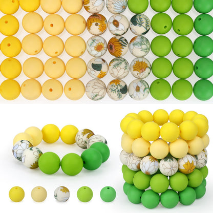 SALUOKE 100 Pcs 15mm Silicone Beads for Keychain Making, Pink Gream Silicone Beads Bulk Round for Bracelets Pens Crafts Jewelry Making (Green Yellow)