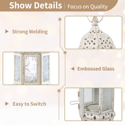 2 Pcs Moroccan Lantern Metalwork Hanging Tealight Candle Holder Metal Glass Indoor Outdoor Battery Operated LED Flameless with 35cm Chain, White