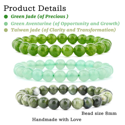 NCB 3-Piece 8mm Natural Crystal Gemstone Stretch Bracelets – ﻿Green Jade, Green Aventurine, Taiwan Jade Handmade Reiki Energy Healing Jewelry for Meditation,Yoga, Unisex