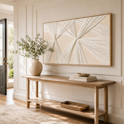 Artists' Handicraft, Extra Large Luxury 3D Fabric Neutral Textured Wall Art, Minimalist Abstract Boho Modern Long Beige Painting Wall Decor for Living Room Bedroom Hallway Office, Horizontal, 54x27 Inces