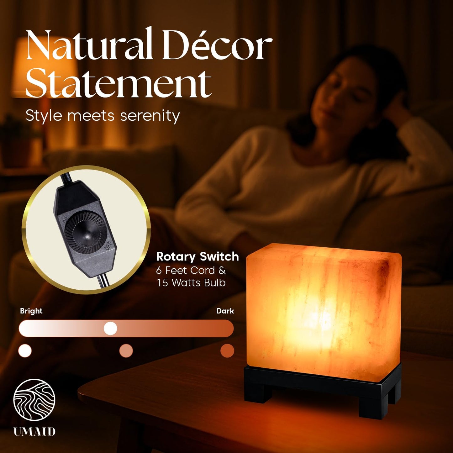 UMAID Himalayan Salt Lamp Rectangle, Natural Pink Rock Lamp on Modern Wood Base with Night Light Bulb and Dimmable Cord, Unique Home Decor, Zen Gifts, Perfect for Spa and Meditation Accessories