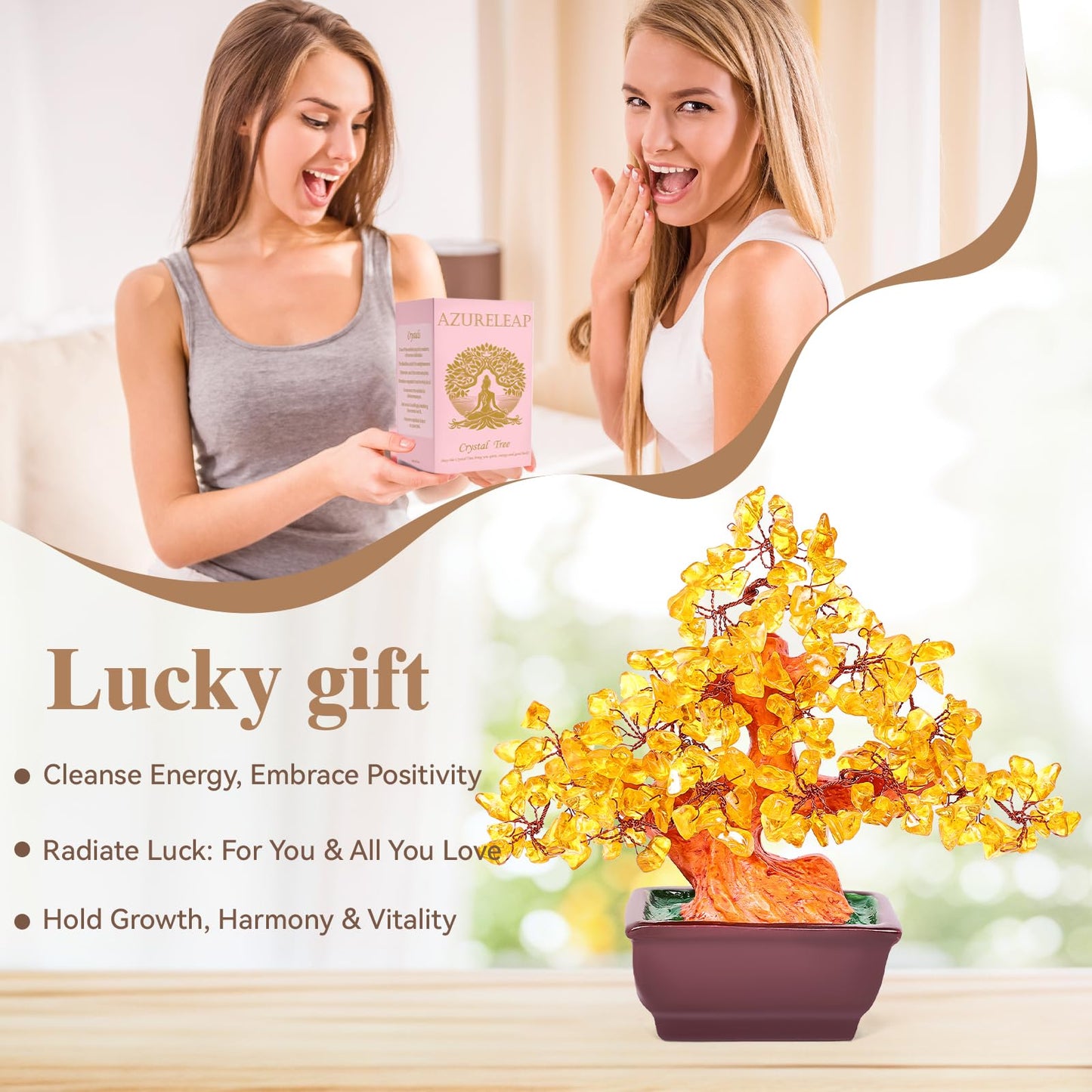 AzureLeap Feng Shui Quartz Crystal Money Tree Bonsai Style Decoration for Luck and Wealth (Yellow)