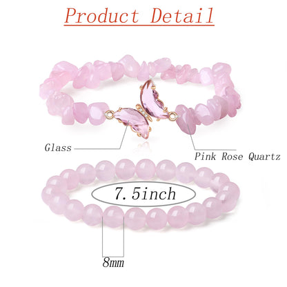 DUQGUHO 2Pcs Rose Quartz Butterfly Bracelets for Women, Pink, Cute Butterfly Charm, Healing Crystals, Crystal Gifts