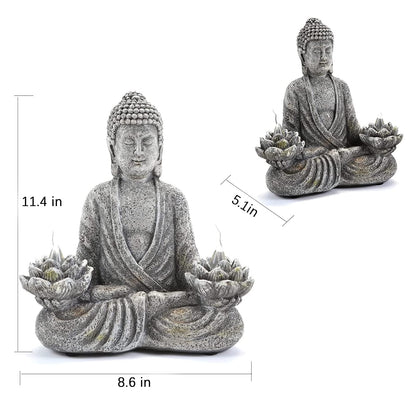 IVCOOLE Buddha Statue Zen Sculpture 11.4in Yoga Garden Decor with LED Solar Lotus Lights, Sitting Meditating Buddha Serene Resin Figurine for Patio Yard Lawn Ornaments,Inside or Outside