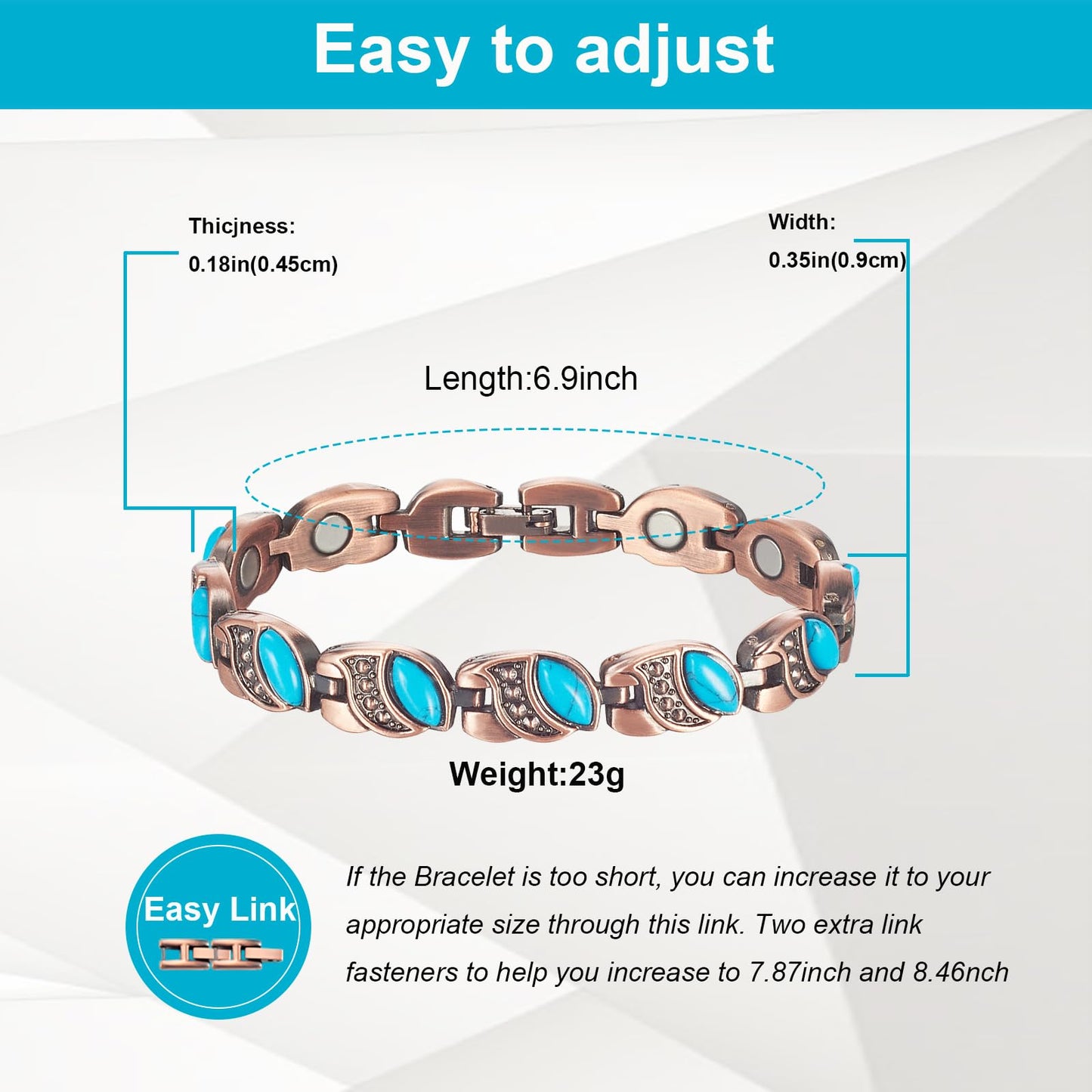 EnerMagiX Copper Bracelet for Women, 7.28inch Pure Copper Turquoise Magnetic Bracelet, Healthy Jewelry Gift (0175)
