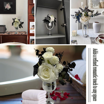 Silver Grace Crystal Flower Vase with Faux White Roses and Black Calla Lilies Elegant Artificial Flower Arrangement Decorative Glass Flowers for Home and Table Decor