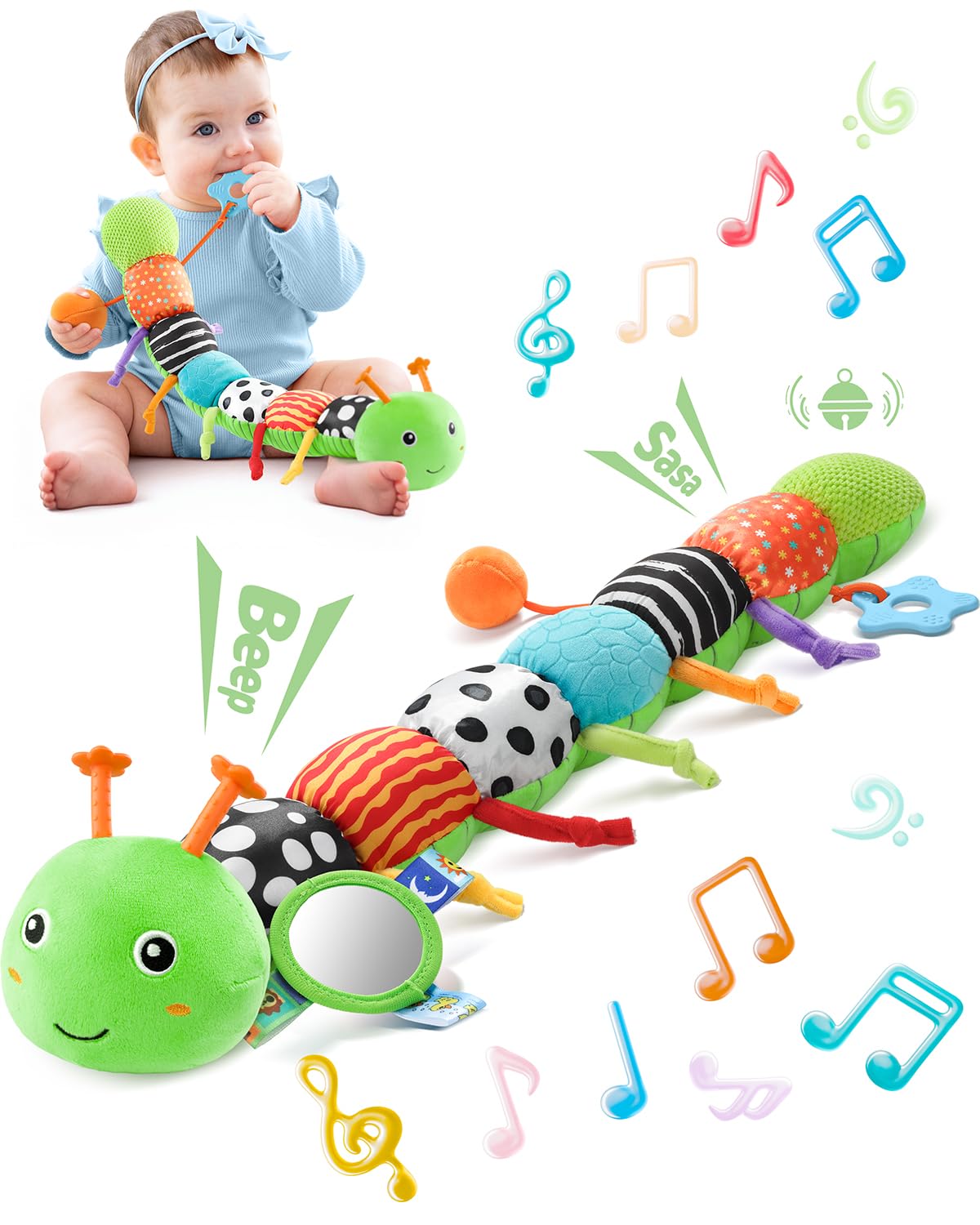 LIGHTDESIRE Baby Toys Musical Caterpillar,Infant Toys 3 6 12 Months Sensory Toy with Ruler Design,Mirror,Pull String,Crinkle&Ring Bell,Baby Teething Toy for Tummy Time Boy Girl Gifts (Lime Green)