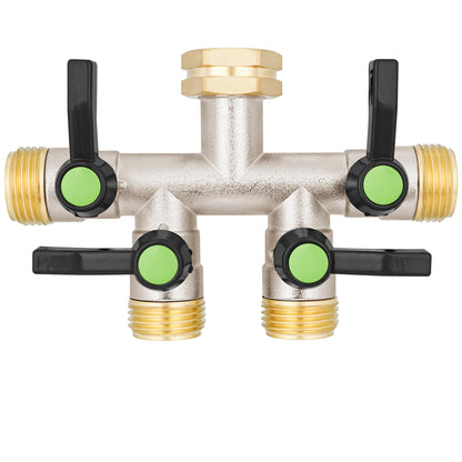 DINGBAI 4 Way Hose Splitter, Brass High Flow Garden Hose Splitter Heavy Duty, Hose Connector, Water Spigot Splitter, Full Flow Faucet Splitter with shutoff, 3/4” GHT Inlet