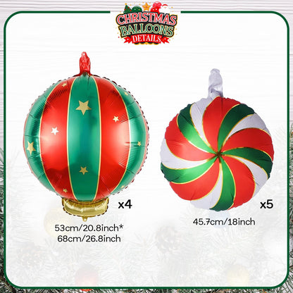 Christmas Foil Balloons, 9PCS Xmas Round Candy Lollipop Foil Balloons and Christmas Hanging Ball Mylar Balloons, Red Green Gold Xmas Sweetland Decorations for New Year Candies Party Decor