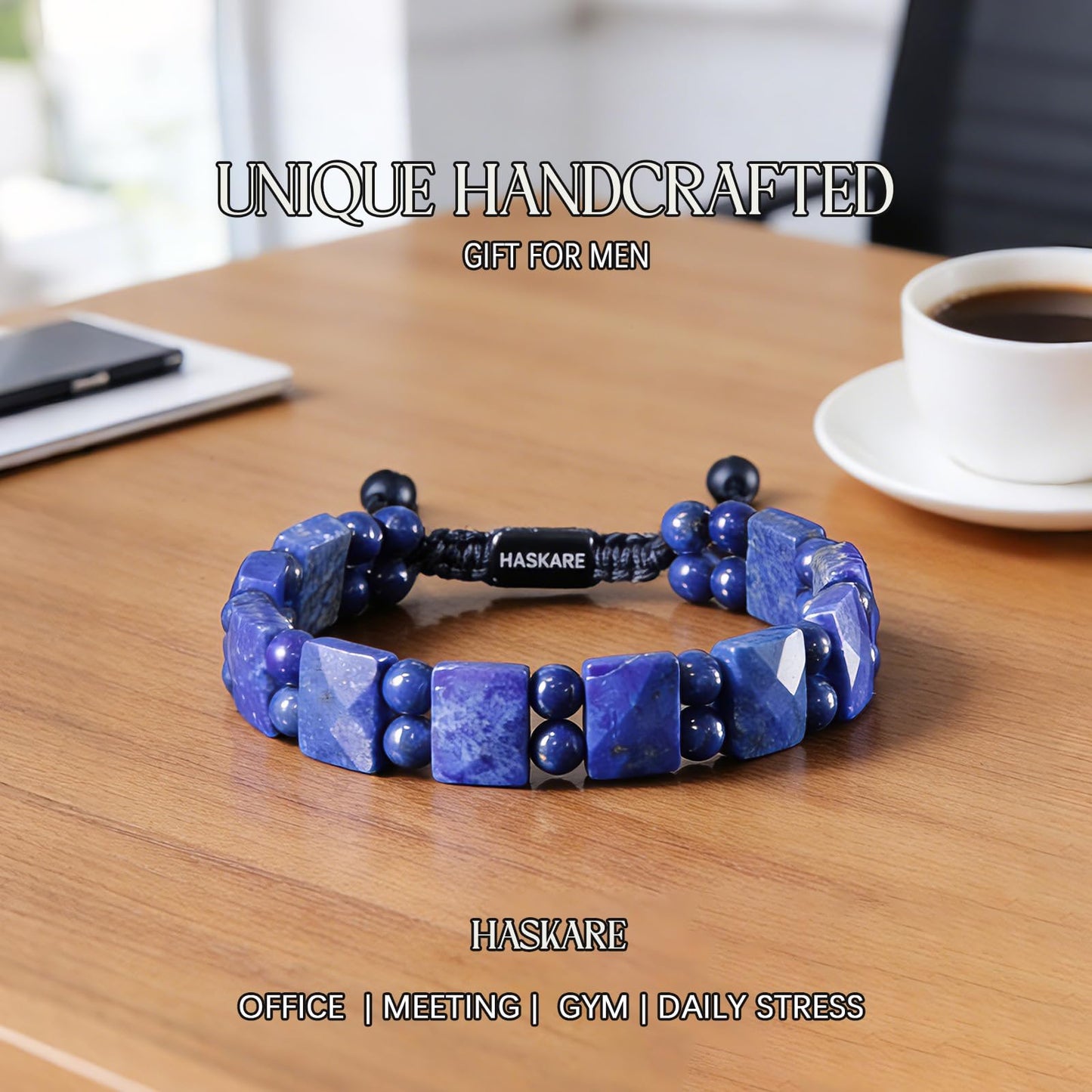HASKARE Mens Jewelry Beads Crystal Bracelet for Men, Energy Bead Bracelets Healing Stone Lapis Lazuli Bracelet, Real Blue Gemstone Protection Crystals Woven Drawstring Anxiety Bracelets Gift for Him