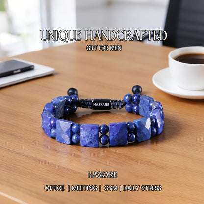 HASKARE Mens Jewelry Beads Crystal Bracelet for Men, Energy Bead Bracelets Healing Stone Lapis Lazuli Bracelet, Real Blue Gemstone Protection Crystals Woven Drawstring Anxiety Bracelets Gift for Him
