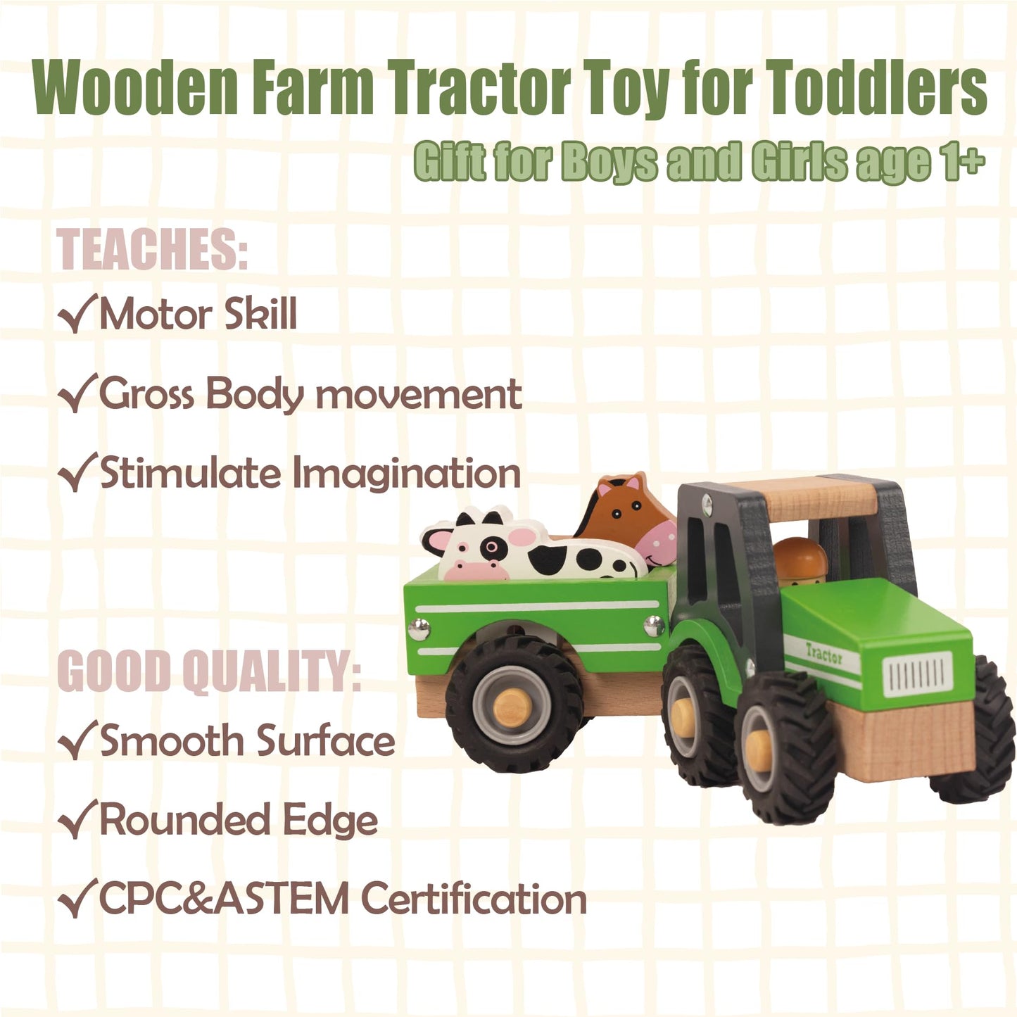 WoodenEdu Wooden Tractor Toys for Toddlers 1-3, Baby Vehicle Toys Hand Push Car Toys for 1 2 3 Year Old Boys Girls (Green)