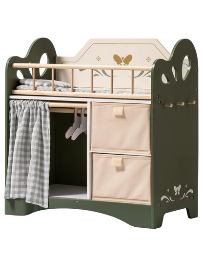 ROBOTIME Baby Doll Crib, Wooden Doll Bed, Toy Baby Crib with Storage, Bedding, and Wooden Hooks, Doll Crib Fits Dolls up to 22’’, Doll Furniture for American Girls Ages 3+ (Green)