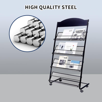 Vmsiuory Floor Standing Magazine Rack,The Wheels with Locking 4 Tier Document Display Rack for Exhibition Office Shopping Mall Waiting Room and Other Places （BLACK