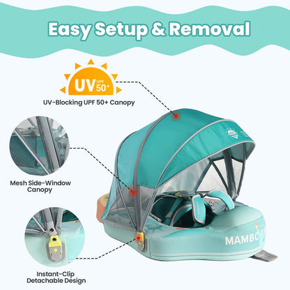 Mambobaby Float Non-Inflatable Baby Float with Canopy, Five-Point Safety System, 3D Canopy(Detachable) UPF 50+, Baby Pool Floats for 3-24 Months, Dual-Mode Toddler Swim Floaties