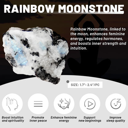 Orientrea Large Raw Rainbow Moonstone Rough Crystal with Clear Quartz, Natural Rainbow Moonstone Crystal and Healing Stones for Tumbling, Decoration, Polishing, Wire Wrapping, Wicca & Reiki 2PCS