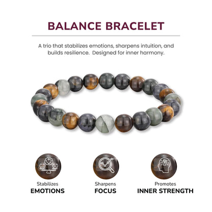Crystal Vibe Triple Protection Bracelet - Tiger's Eye - Bloodstone - Iolite - Natural Gemstone Healing Bracelet - 8mm Beaded Bracelet for Protection Balance - Elastic Adjustable Size