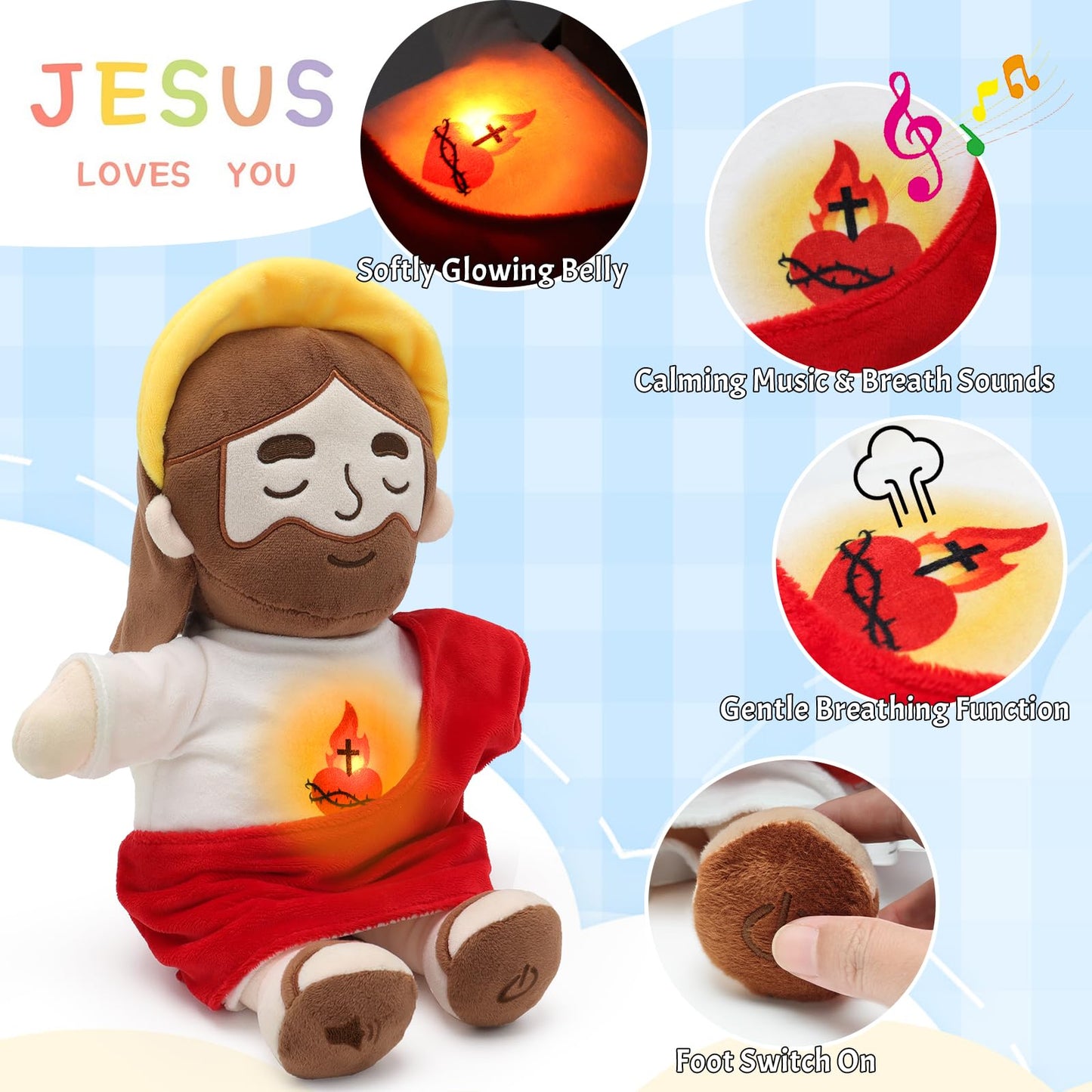 Yelakey Soothing Jesus Plush Toys with Light & Sound, 15" Jesus Stuffed Breathing Plushy Doll, Christian Catholic Religious Plushie Christmas Easter Gifts for Kids Baby (Red)