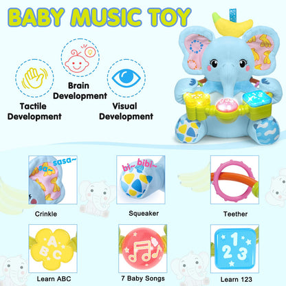 Ryotagift Baby Bilingual Musical Elephant Stuffed Animals Toys,Infant Early Learning Toy with Light-Up Music & Crinkle,Tummy Time Toys for 0 3 6 9 12+ Months for Baby Boy Girl Gift,Blue