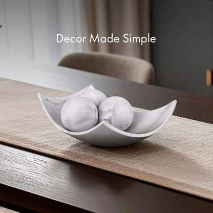 Creative Scents White Marble Look Decorative Bowl with matching Set of 3 Balls (2.75”) for Coffee Table Centerpiece, Dining Table, Living Room