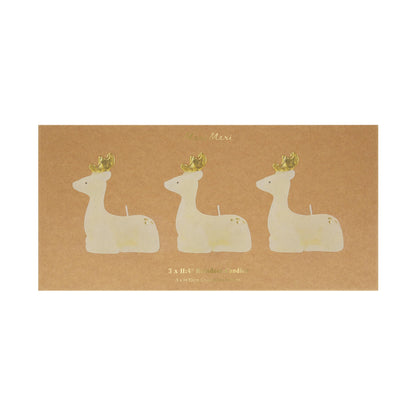Meri Meri Small Ivory Reindeer Christmas Candles (Pack of 3), Unscented Decorative Candles, 4" Tall, Handpainted Details, Long Lasting Burn Time Approx 3 Hours