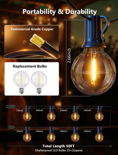 Kivonfa 50FT Outdoor String Lights - Shatterproof G40 LED Bulbs, Waterproof Connectable Patio String Lights for Outside Backyard, Wedding & Bistro Party Decor, Warm W
