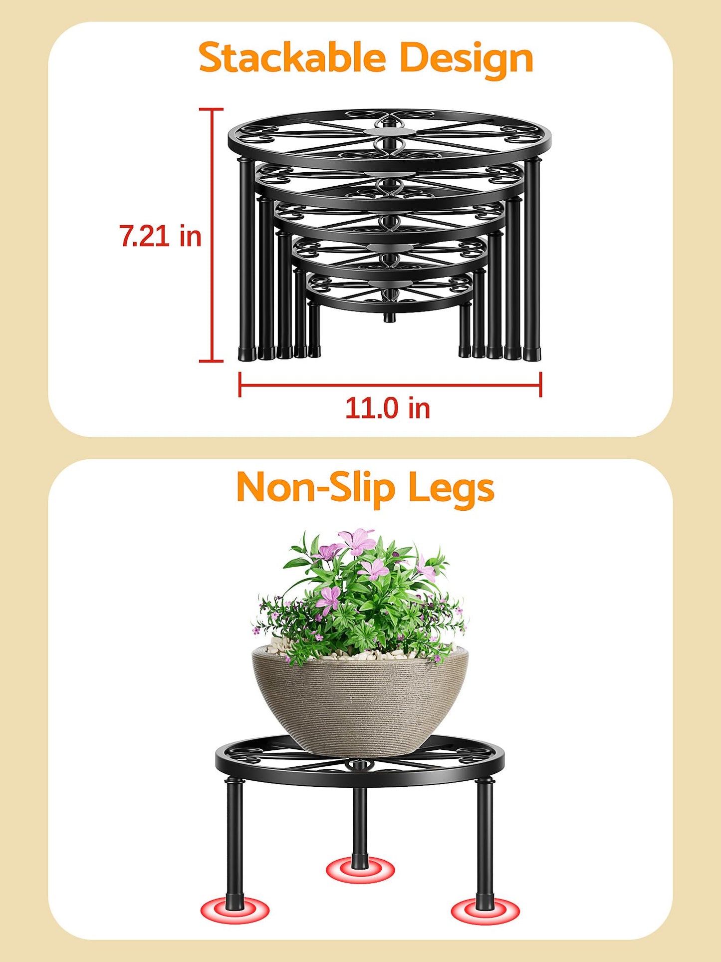 NQW 5 Pack Metal Plant Stands,Heavy Duty Potted Holder for Flower Pot,Indoor Outdoor Metal Rustproof Iron Garden Container Round Supports Flower Rack for Planter(BlackFlower)