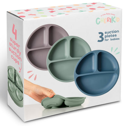 ChériKid Toddler Plates - FEATURES SUPER STRONG QUADRUPLE SUCTION - 100% Food Grade Silicone Baby Plates with Suction - Unbreakable Divided Kids Plates, Baby Essentials Dishes