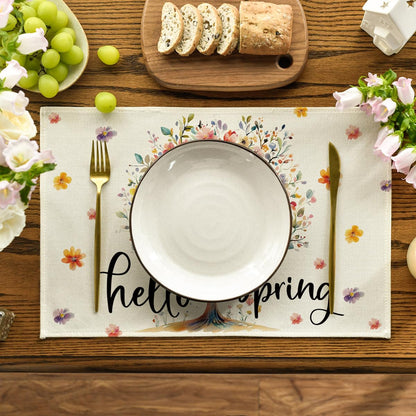 Artoid Mode Floral Tree Leaves Hello Spring Placemats Set of 4, 12x18 Inch Seasonal Summer Holiday Table Mats for Party Kitchen Dining Decoration