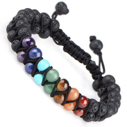 MASSIVE BEADS Natural Chakra Healing Power Crystals Macrame Bracelet Yoga Double Layer Stone Beads Gemstone Meditation Relax Anxiety Bangle for Unisex Women Men (7-Chakras&Lava, 6mm)