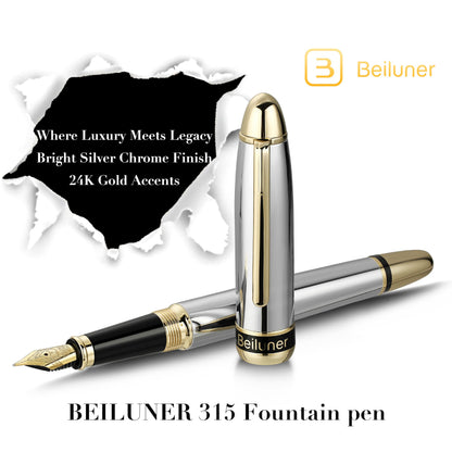 BEILUNER 315 Silver Chrome Fountain Pen,Stunning Luxury Pens with 24K Gold Accents, Gorgeous 24K Gilded Nib(Fine), Ink Converter,Fancy Pen Gift for Men&Women-Elegant, Office, Writing, Nice Design