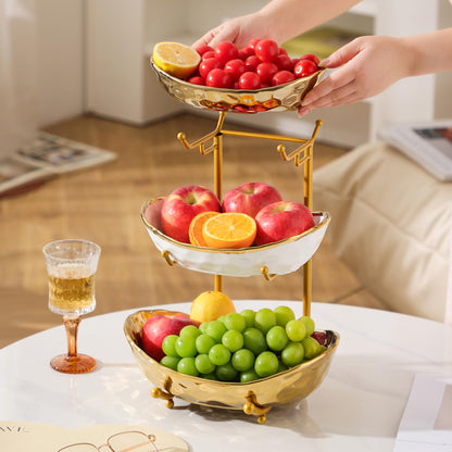 YYW 3-Tier Ceramic Fruit Bowl with Metal Stand - Elegant Countertop Organizer for Kitchen/Living Room, Holds Desserts, Snacks & Nuts - Home & Party Use (Golden)