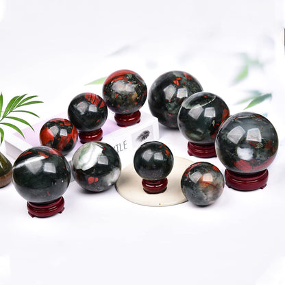 JIC Gem African Bloodstone Crystal Ball Natural Quartz Crystal Sphere Stone Ball with Wooden Base (70-80mm)