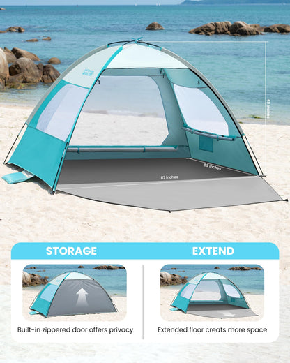 OutdoorMaster Beach Tent for 3/4 Person - Easy Setup Sun Shade Shelter, Portable Beach Shade Sun Canopy with UPF 50+ UV Protection, Removable Skylight Family Size - 3 Person Olive Green