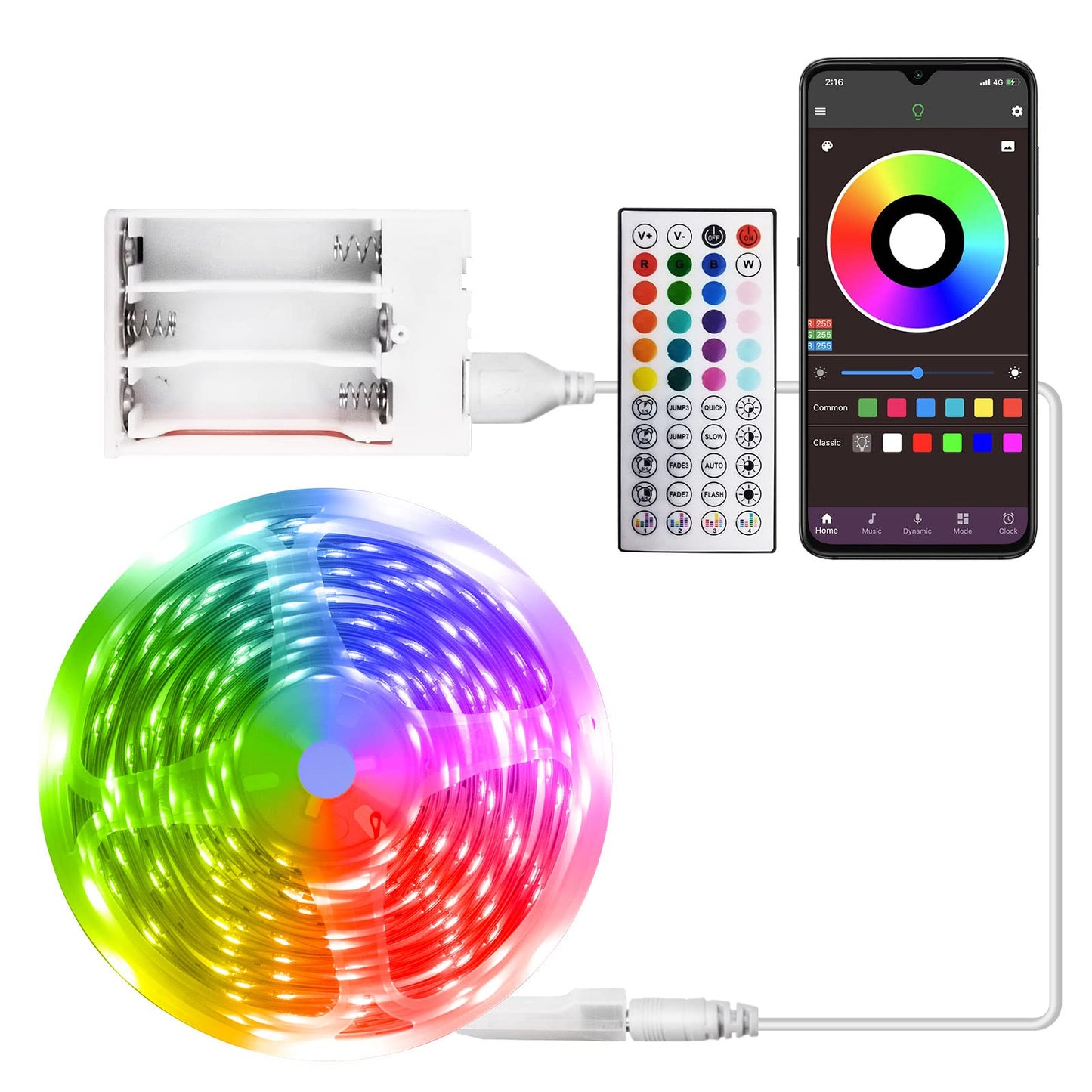 RUISHINE Battery Operated LED Strip Lights 32.8ft, Battery Powered Led Strip Lights for Bedroom Color Changing APP Remote, USB Led Lights for TV, Room, Kitchen, Party