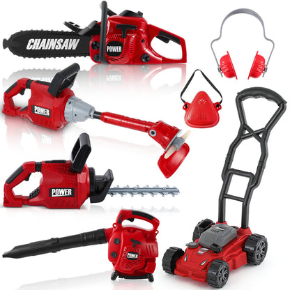 Arrowbash Kids Lawn Mower Toy Set 7 Pcs Electric Garden Tools with Leaf Blower, Chainsaw & Trimmer – Summer Outdoor Toys for Boys Girls Birthday Gifts