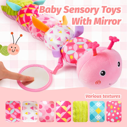 Baby Toys 0-6 Months, Musical Caterpillar Plush Toy with Rattles,Crinkle Sound, Mirror, Newborn Sensory Toys for Infants Developmental Stuffed Animal with Tummy Time for Boys Girls 6-12 Month (Pink)