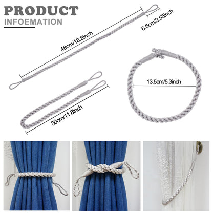 Hiastra Curtain Tiebacks Ropes, 2pcs Decorative Handmade Tie Backs Curtain Holdbacks Holders Cord for Window Sheer Drapes Indoor Outdoor, Grey
