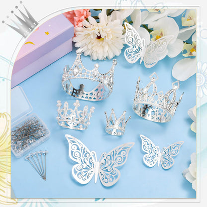 cridoz Flower Bouquet Accessories Including 4 Pcs Silver Crowns, 12 Pcs Butterfly Decorations and 50 Pcs Flower Pins for Flower Bouquets and Cake Topper Decoration