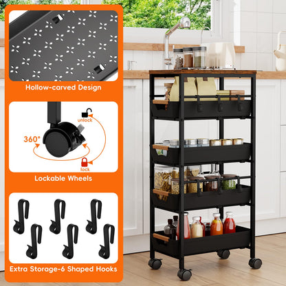 Landmok 5-Tier Slim Storage Cart, Wooden Top Rolling Kitchen Cart with Pull-Out Baskets & Wheels, Narrow Space Utility Cart Slide Out Organizer for Kitchen, Bathroom, Laundry Room, Black